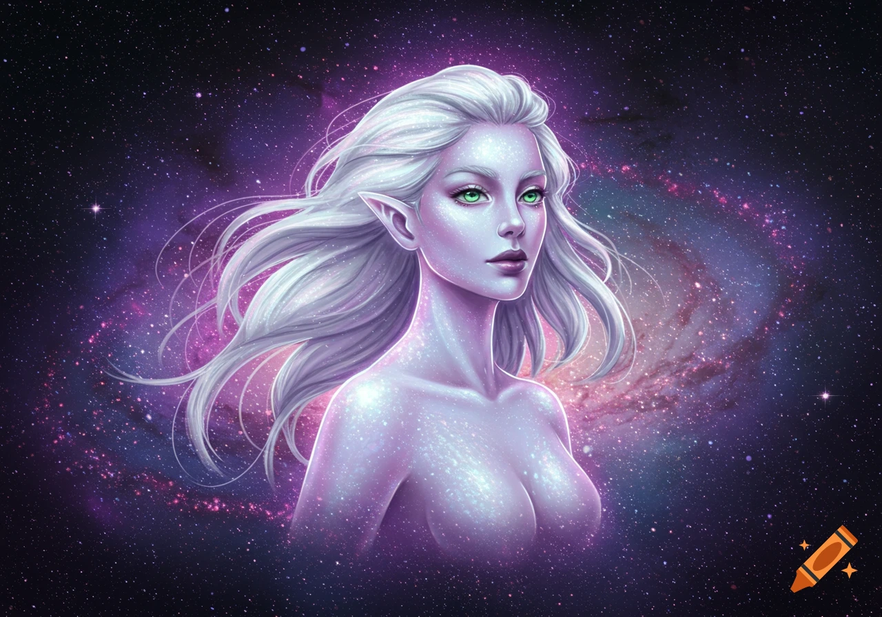 A stylized digital painting of an ethereal, purple-skinned woman with glowing green eyes and white hair, against a vibrant galaxy backdrop.