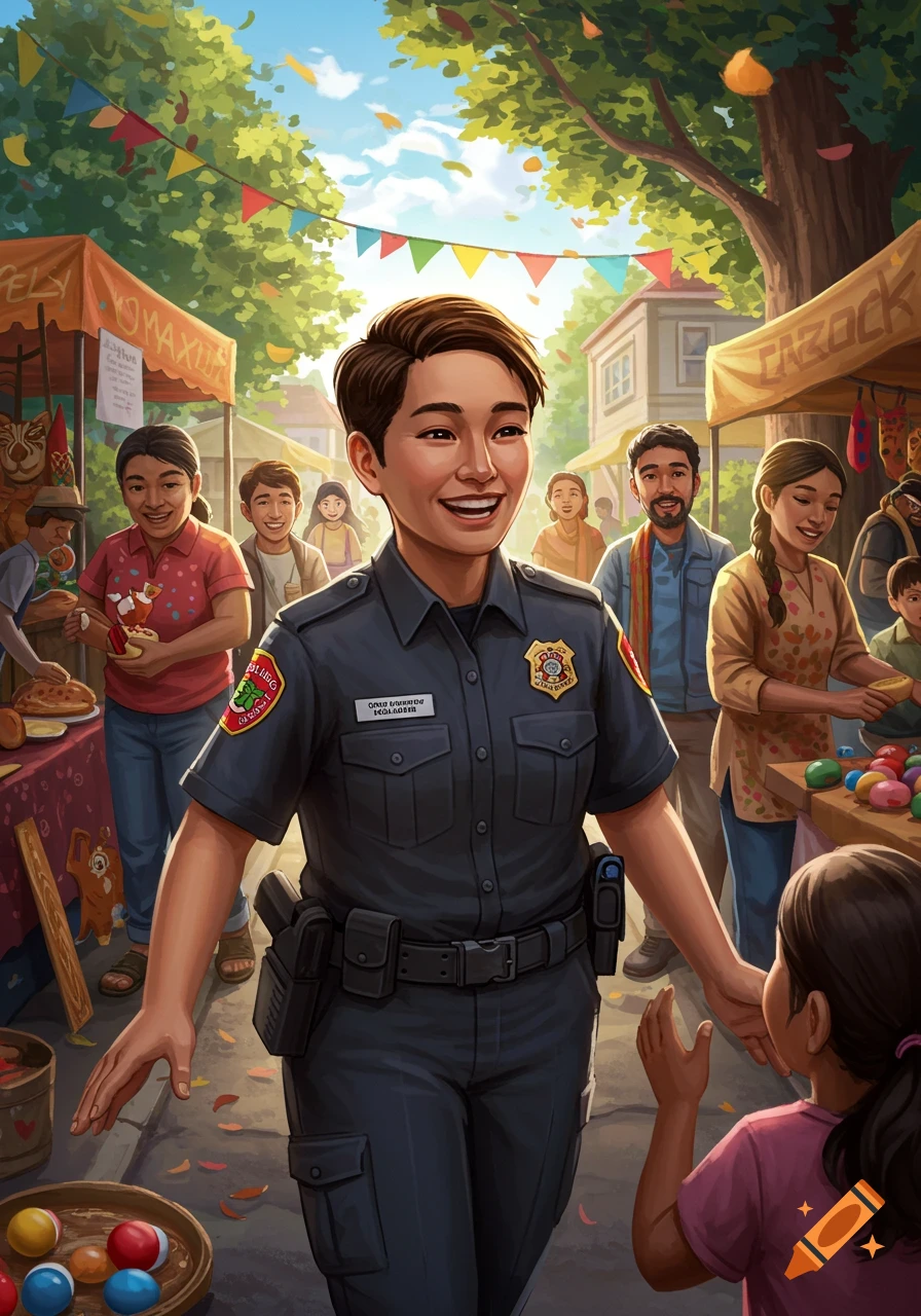 A smiling police officer with a name tag "Gaya Murphy Officer" interacts with a child at a vibrant, bustling outdoor market. Illustrated.