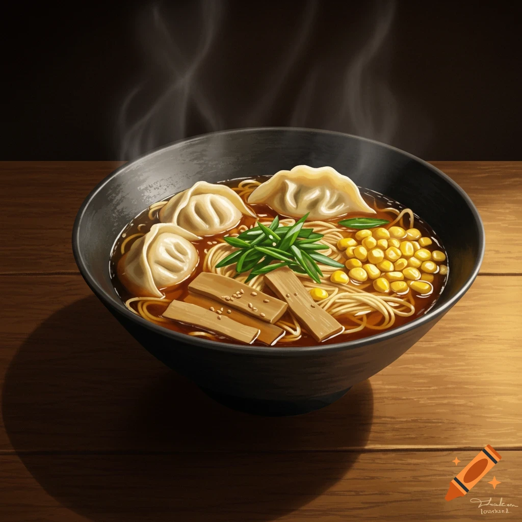 Steaming bowl of ramen with dumplings, corn, bamboo, and green onions on a wooden table. Illustrative style.
