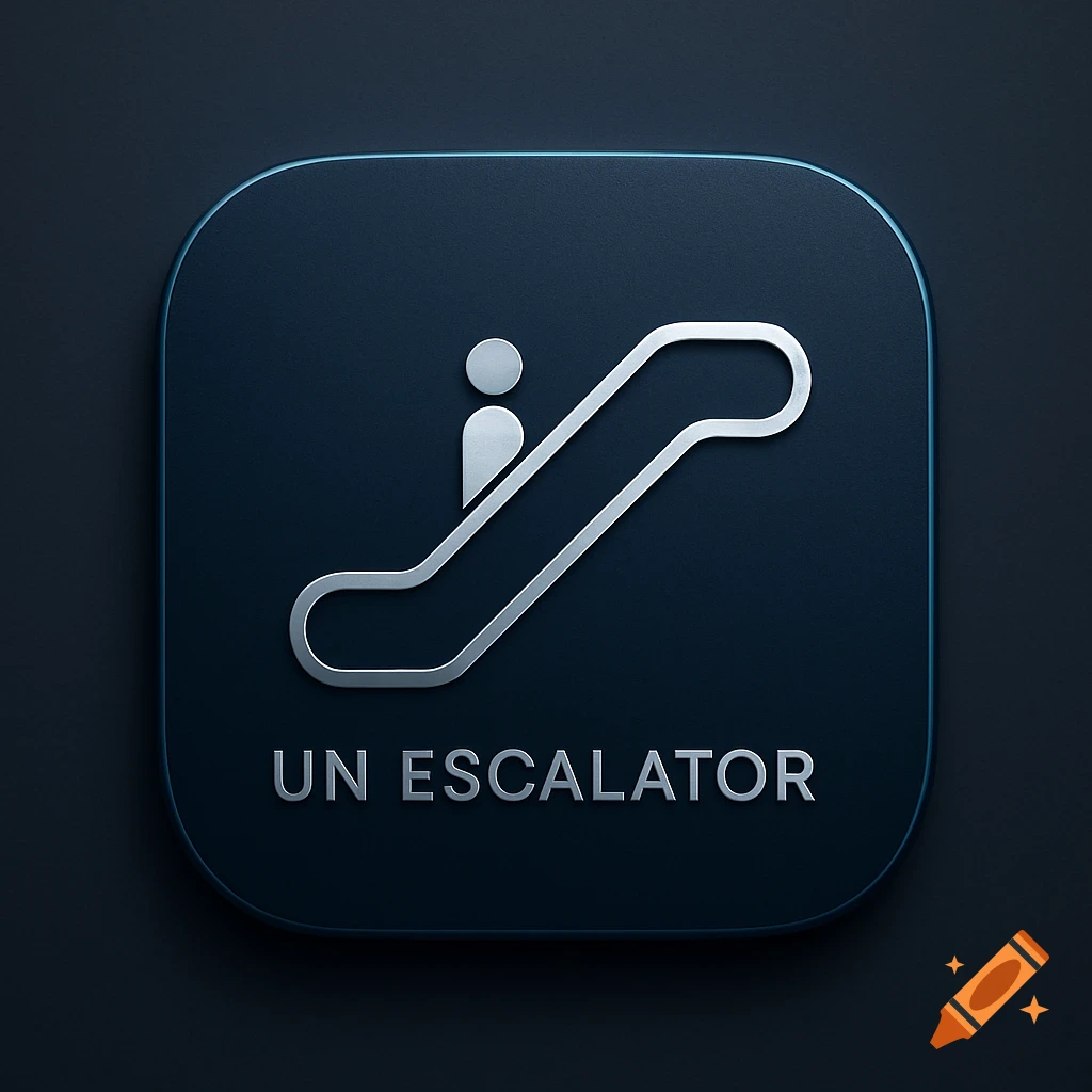 A dark blue app icon with rounded corners, featuring a silver outline of an escalator symbol and the text "UN ESCALATOR" below it.
