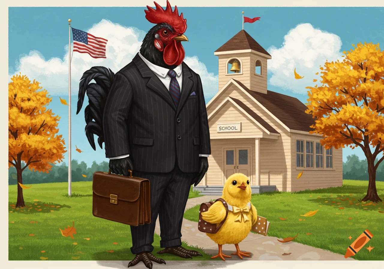 An illustration of a rooster in a pinstripe suit and a chick with a backpack standing outside a school with an American flag in autumn.