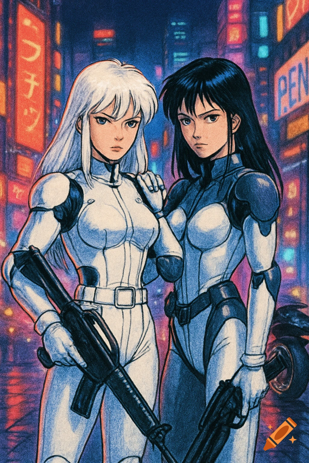 Two anime women in futuristic combat suits hold guns in a glowing cyberpunk city. One has white hair, the other black.