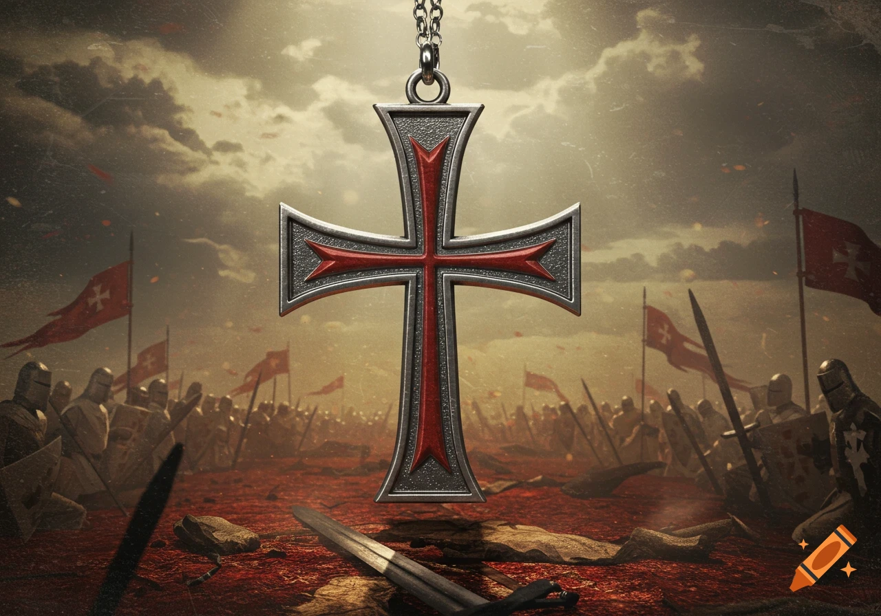 A large, metallic Templar cross pendant hangs over a stylized medieval battlefield with knights and red ground.