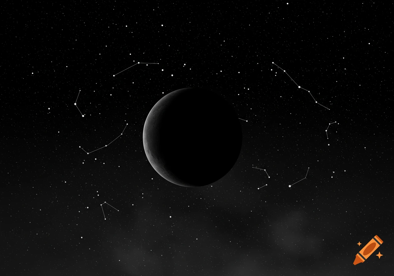 A black moon against a dark starry night sky, with visible constellations outlined by white lines.