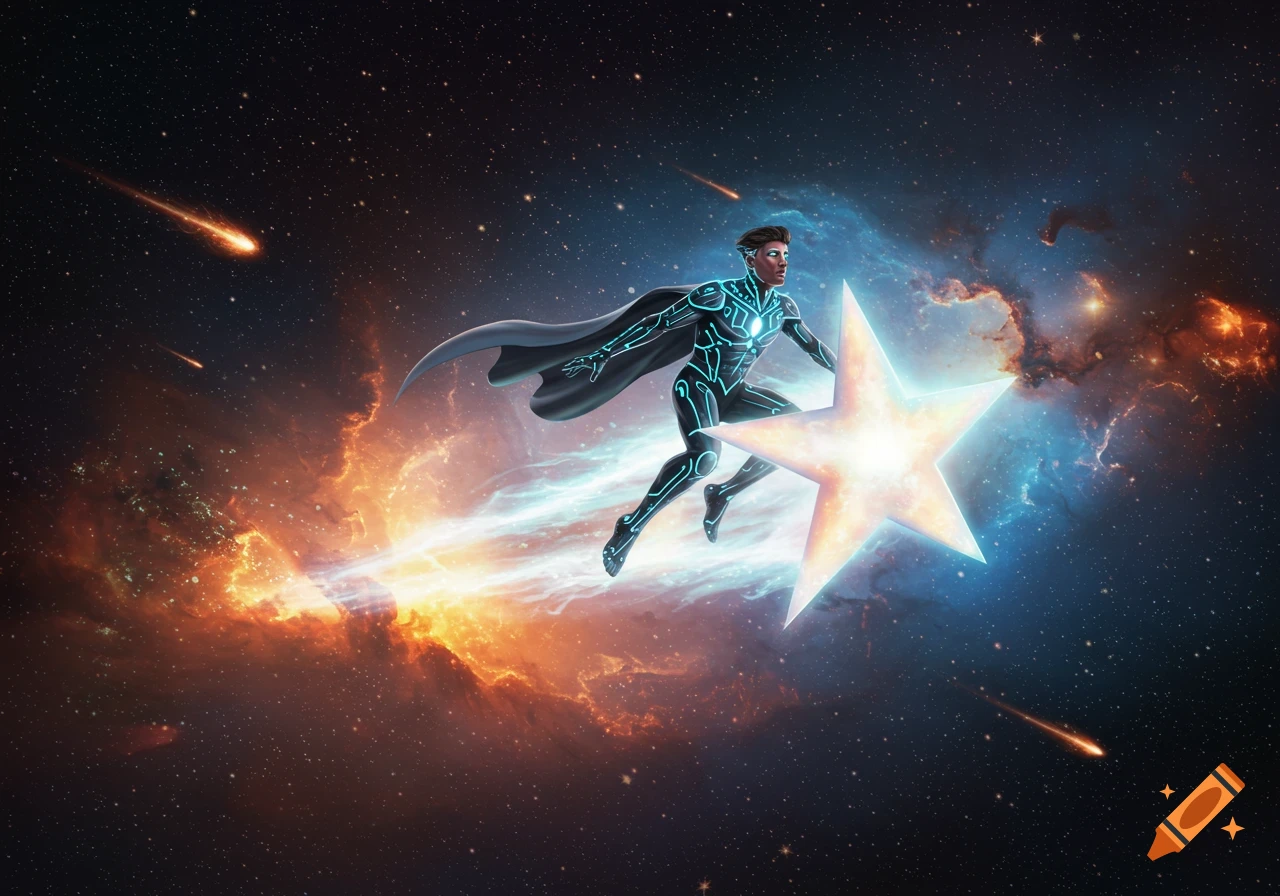 A man in a futuristic glowing suit with a cape rides a vibrant, glowing star through a colorful space scene with nebulae and meteors.