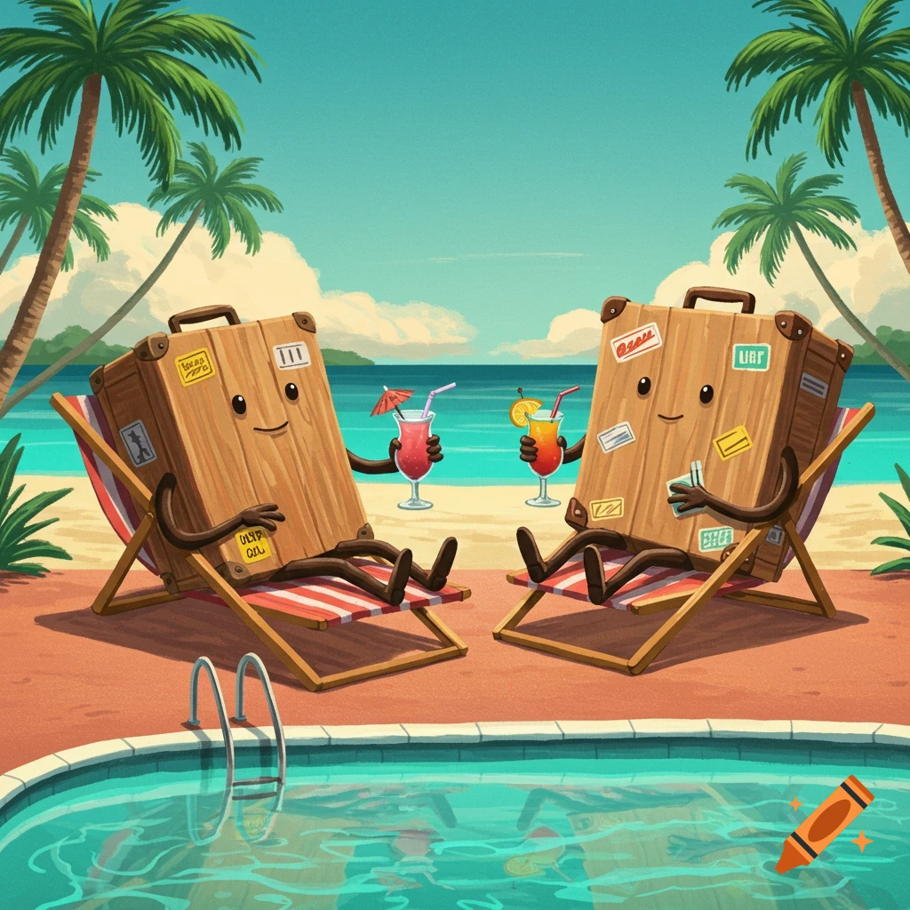 Two happy cartoon suitcases with faces and limbs relax in beach chairs by a pool, drinking cocktails on a sunny beach.