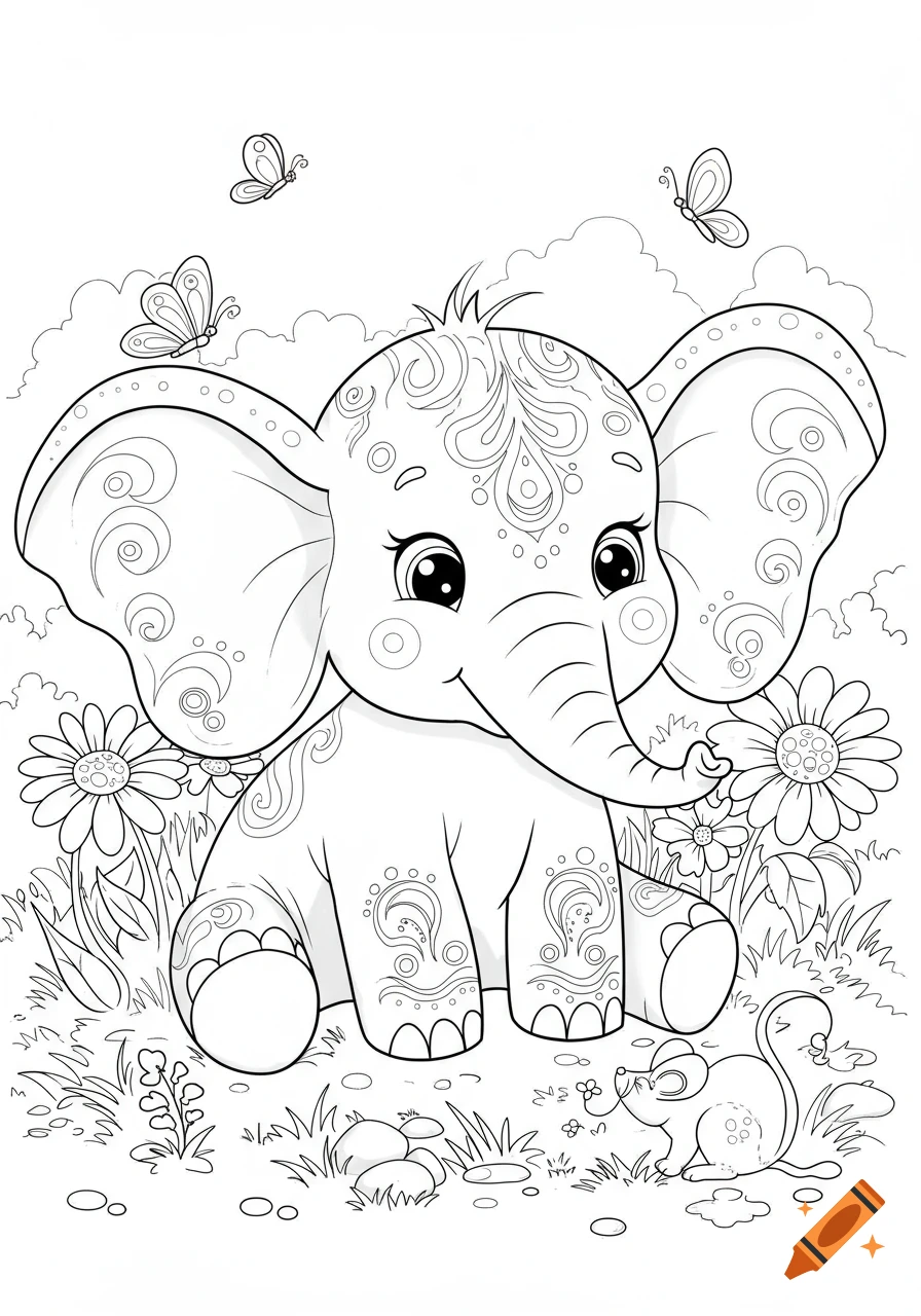 A cute baby elephant coloring page, sitting in a field with butterflies, flowers, and a small mouse, in black and white line art.