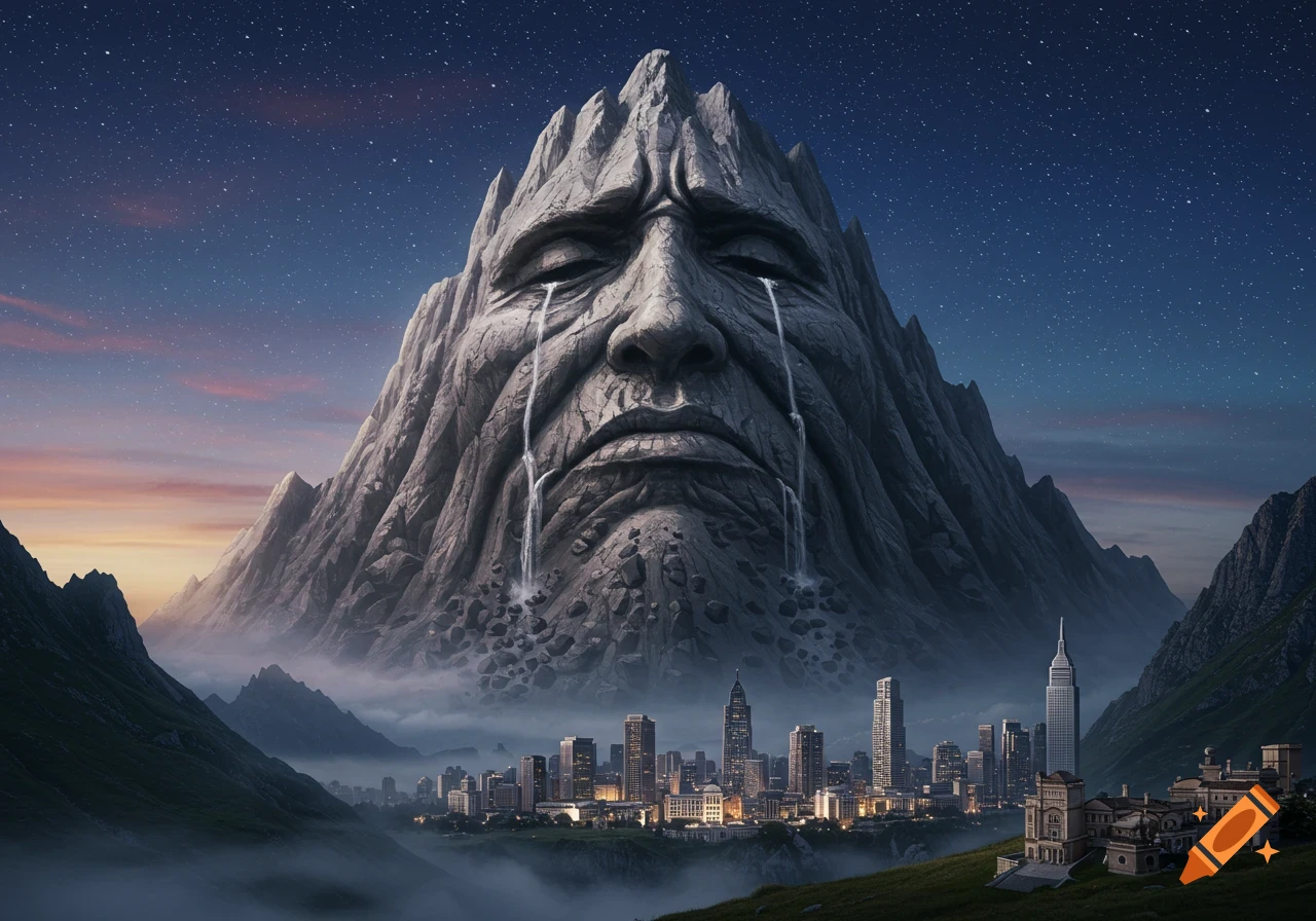 A giant mountain shaped like a sad face with waterfalls streaming from its eyes, overlooking a misty city at dusk under a starry sky.