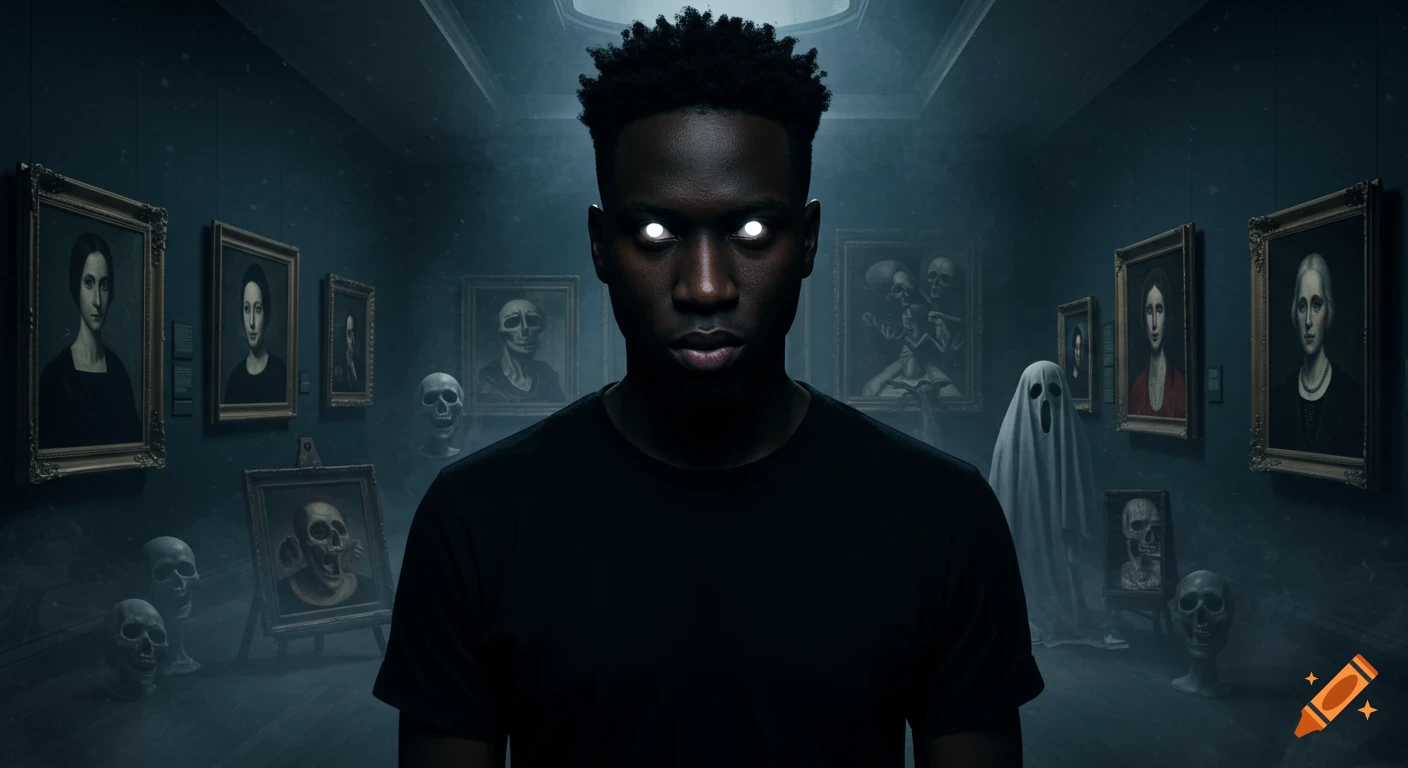 A man with glowing white eyes stands in a dark, misty art gallery filled with eerie portraits, skulls, and a ghost.