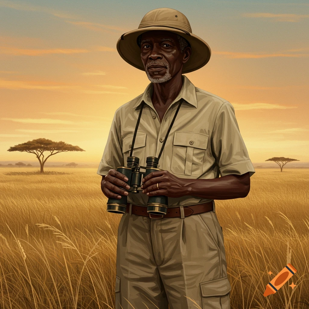 Illustrated portrait of an older Black man in a safari hat and shirt, holding binoculars in a golden savanna at sunset.