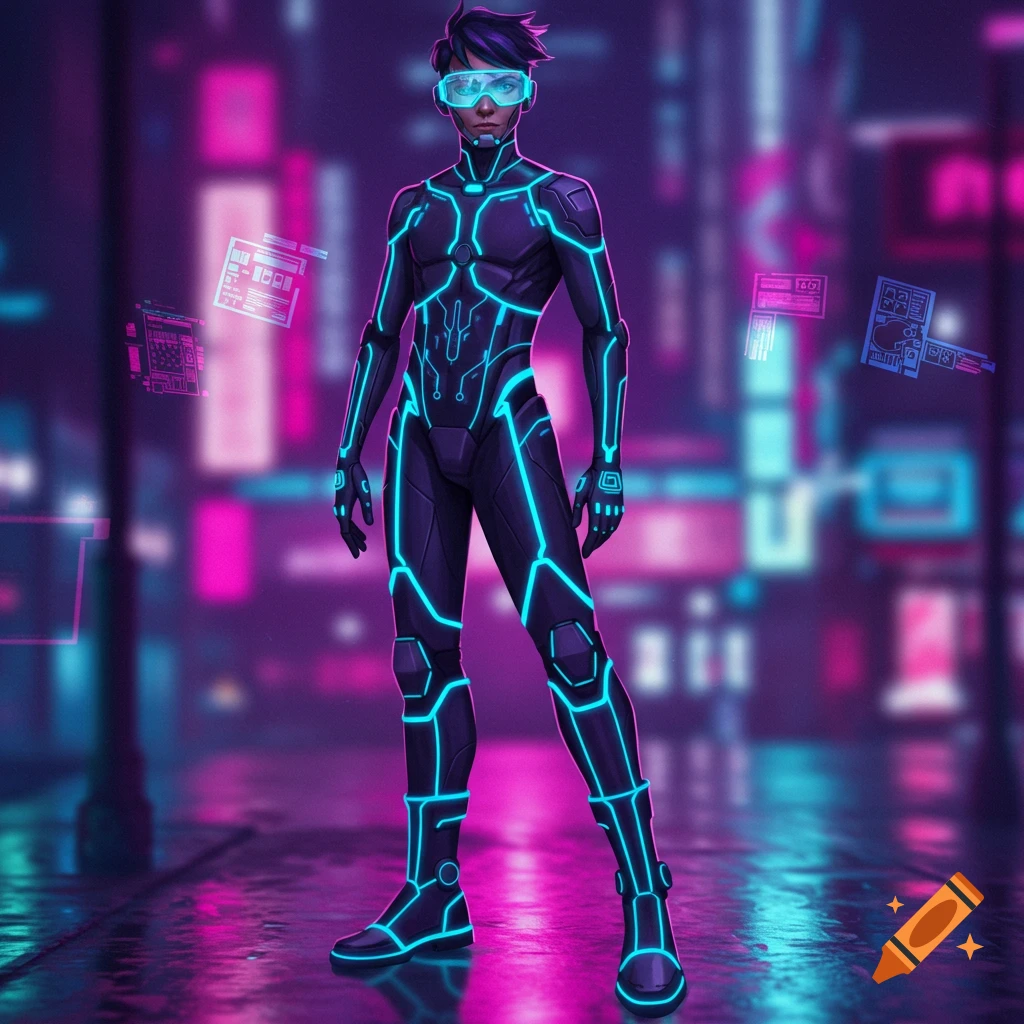 A person in a black and blue glowing futuristic suit stands in a neon cyberpunk city street with holographic displays.