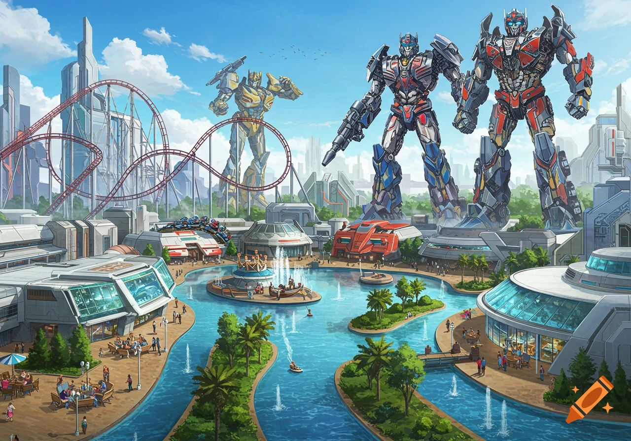 A vibrant futuristic Transformer-themed amusement park with giant robot statues, a roller coaster, and water features.