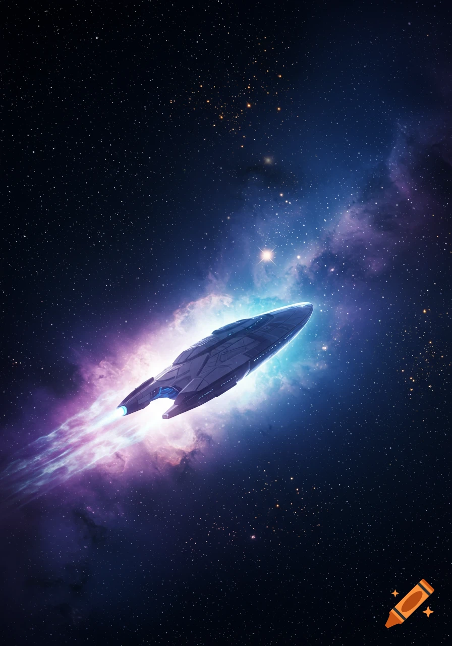 A sleek, futuristic spaceship flies through a vibrant purple and blue nebula in deep space, with stars scattered around.