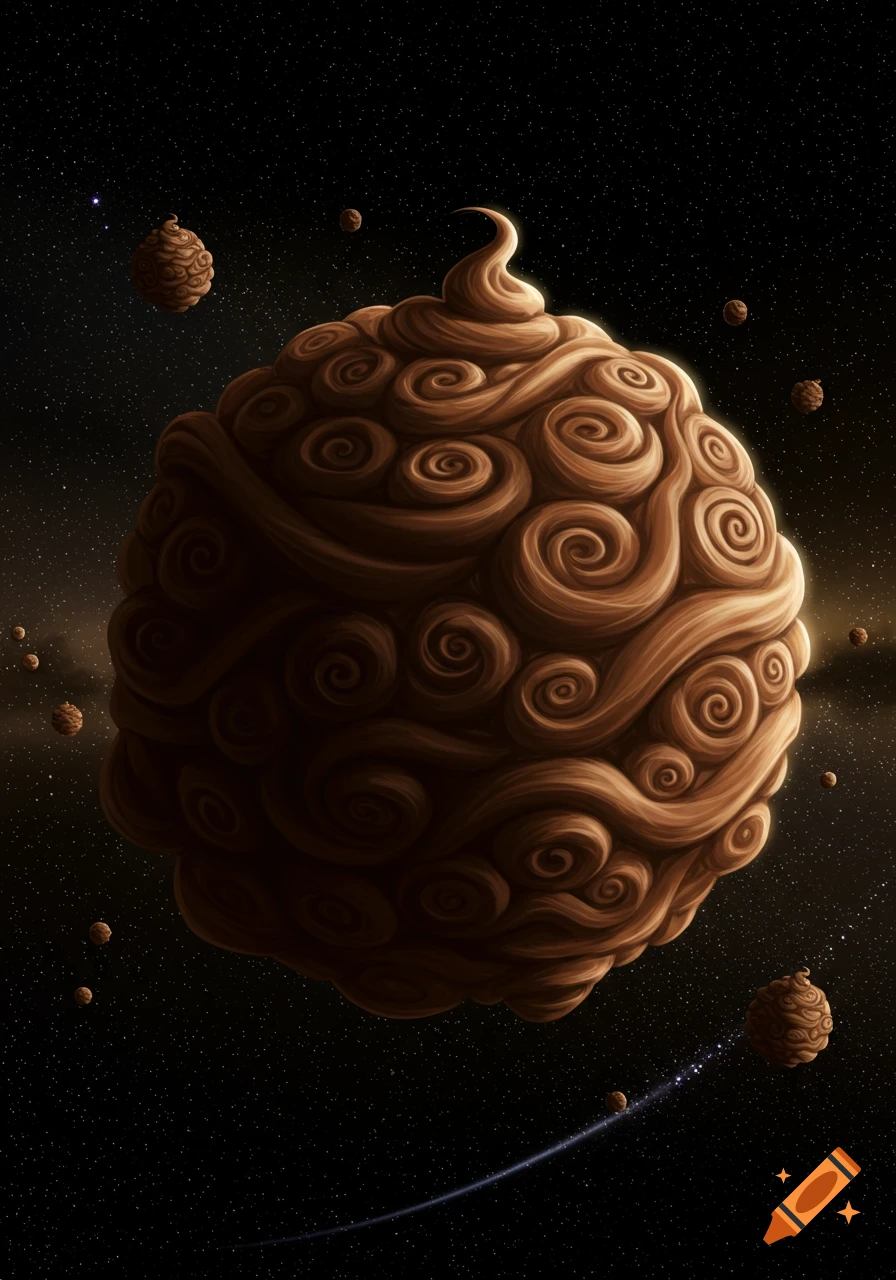 A stylized brown planet resembling a giant swirling pile of feces or soft-serve chocolate in dark space.