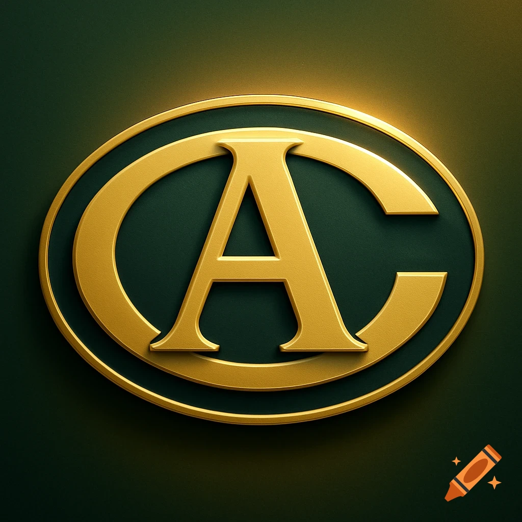 A glossy gold letter A within a dark green oval emblem, with a metallic, embossed effect.