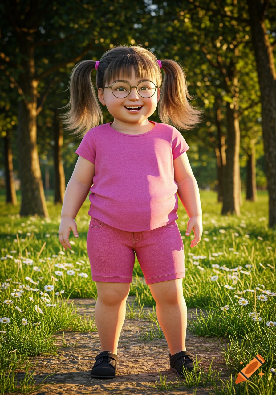 A smiling, chubby cartoon girl with pigtails and glasses wears pink clothes in a sunny park with trees and wildflowers.