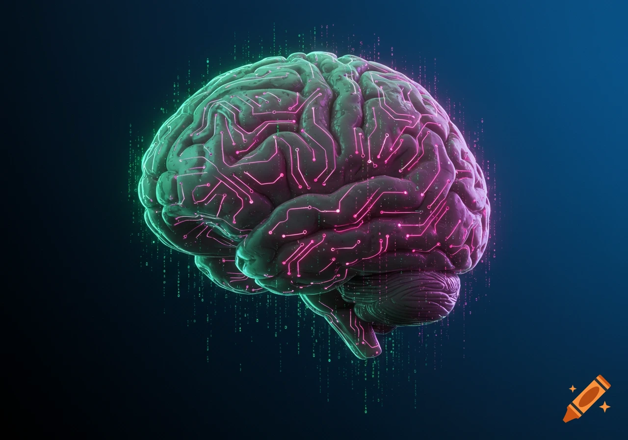 A stylized brain with glowing pink circuits and green highlights, against a dark blue background with falling digital code, representing AI or technology.