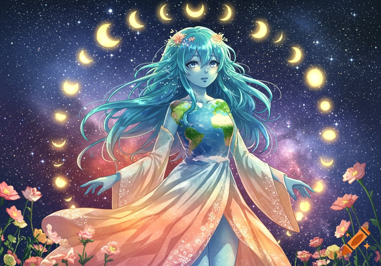 An anime girl with blue hair and skin, dressed in a flowing gown with the Earth's continents on her torso, stands in a starry cosmic sky with crescent moons and flowers. The image has an anime art style.
