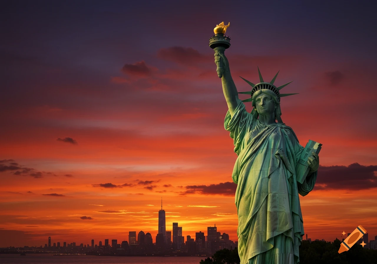 Photorealistic image of the Statue of Liberty against a vibrant orange and purple sunset with the New York City skyline in the background.