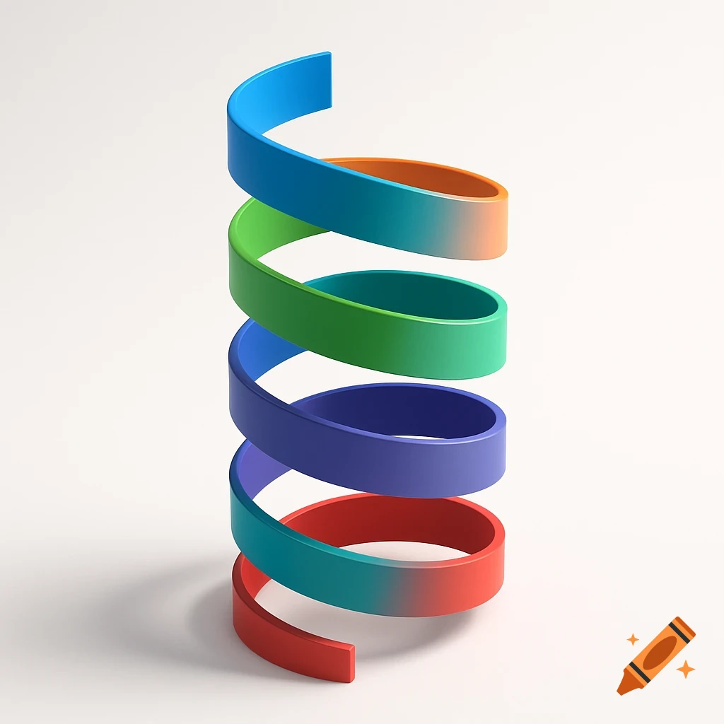 A smooth, colorful 3D helix with bands in blue, orange, green, purple, teal, and red, winding upwards on a white background.