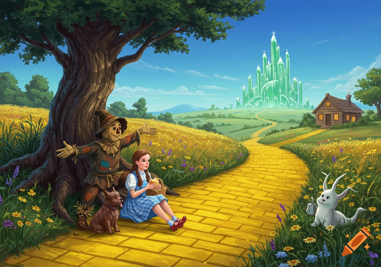 Dorothy, Toto, and the Scarecrow rest by a tree on the yellow brick road, with the Emerald City and a small house in the distance.