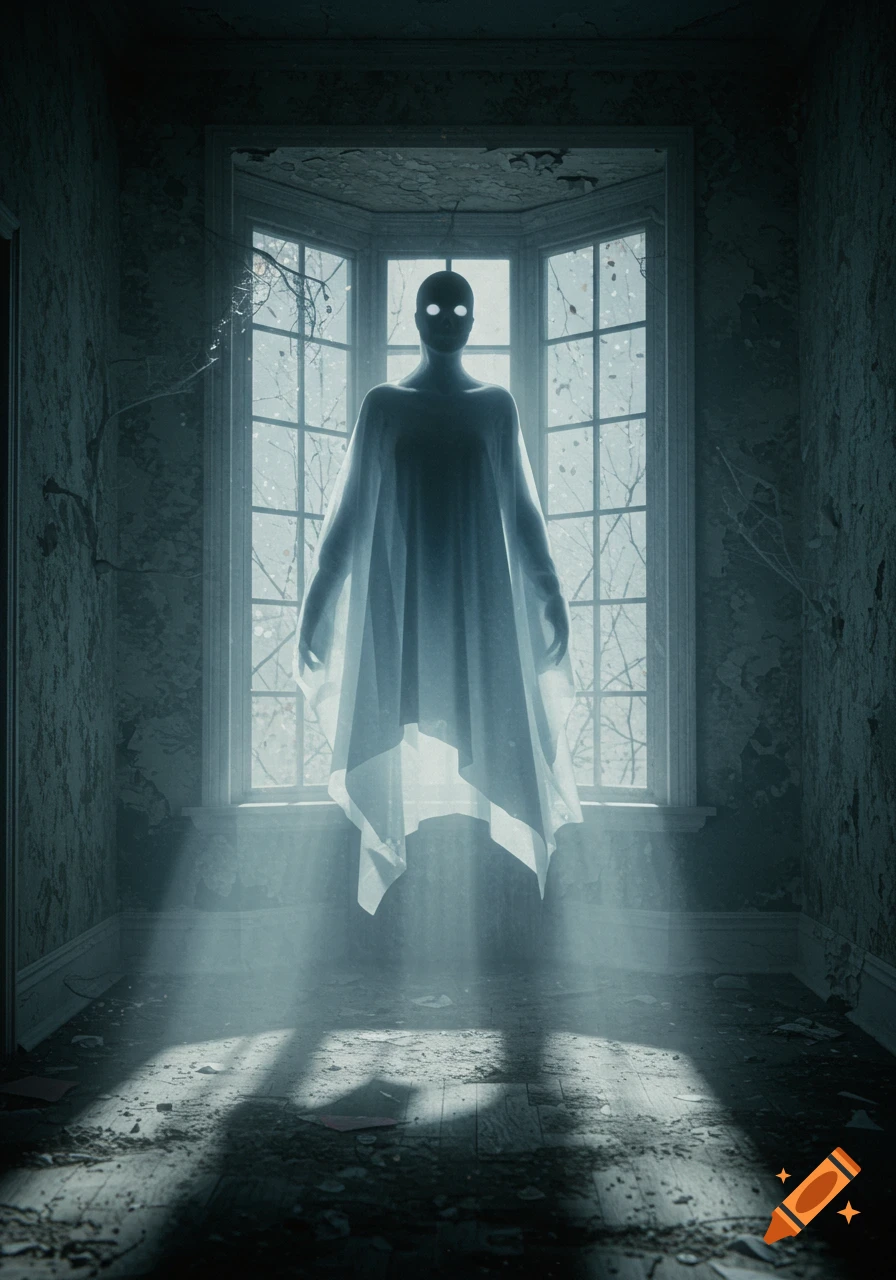 A translucent ghost with glowing eyes floats in front of a bay window in a dark, dilapidated room, illuminated by rays of light.