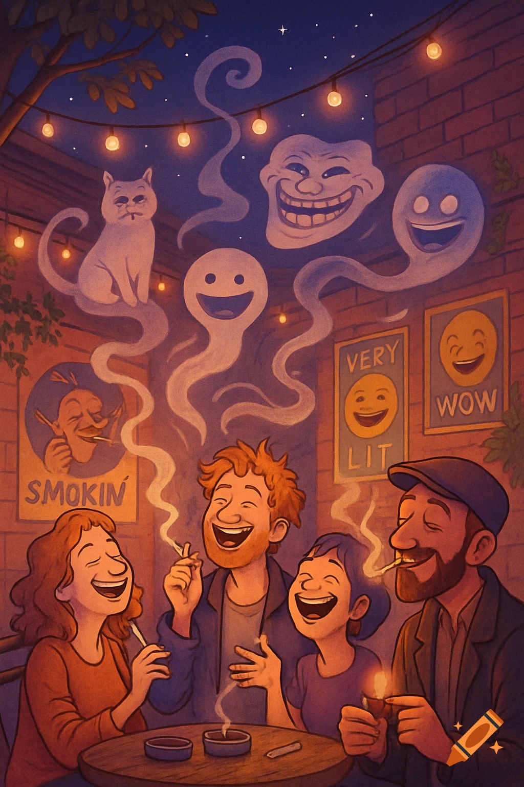 Cartoon of four people laughing and smoking under string lights, with meme ghosts in the smoke and text posters 'SMOKIN'', 'VERY LIT', 'WOW'.