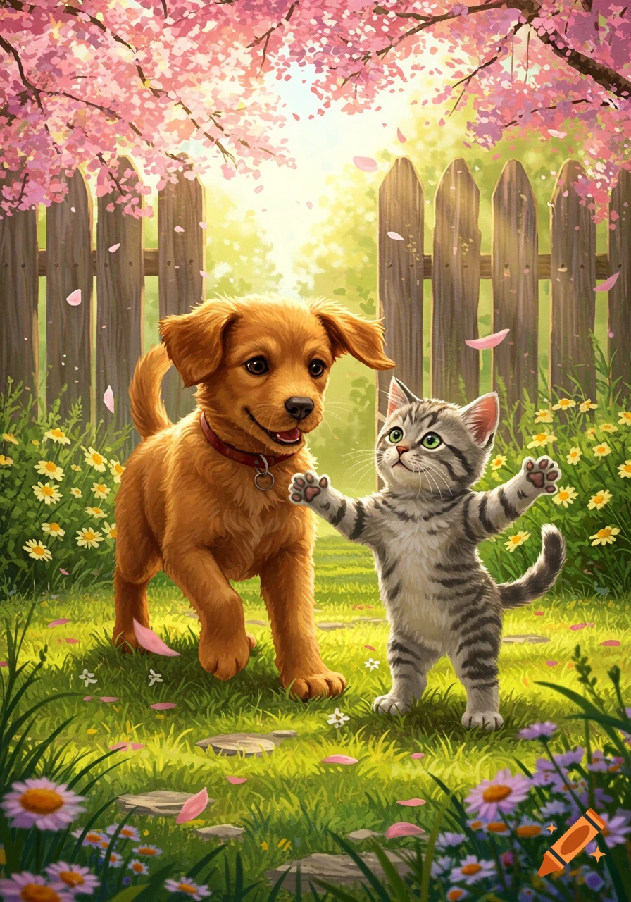 A cute illustrated golden puppy and a gray tabby kitten playing in a vibrant spring garden with pink cherry blossoms and wildflowers.