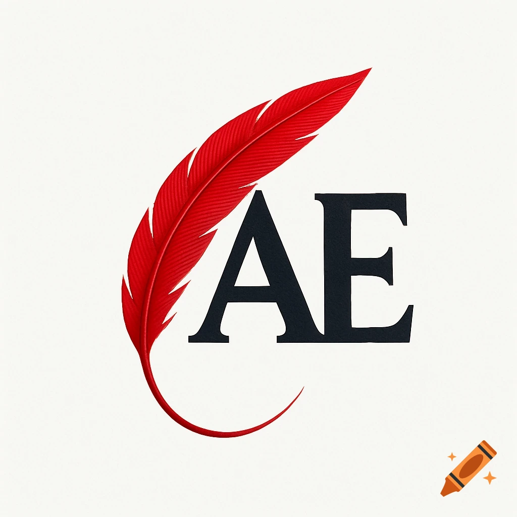 A logo featuring a red quill bent around the black letters 'AE' on a white background.