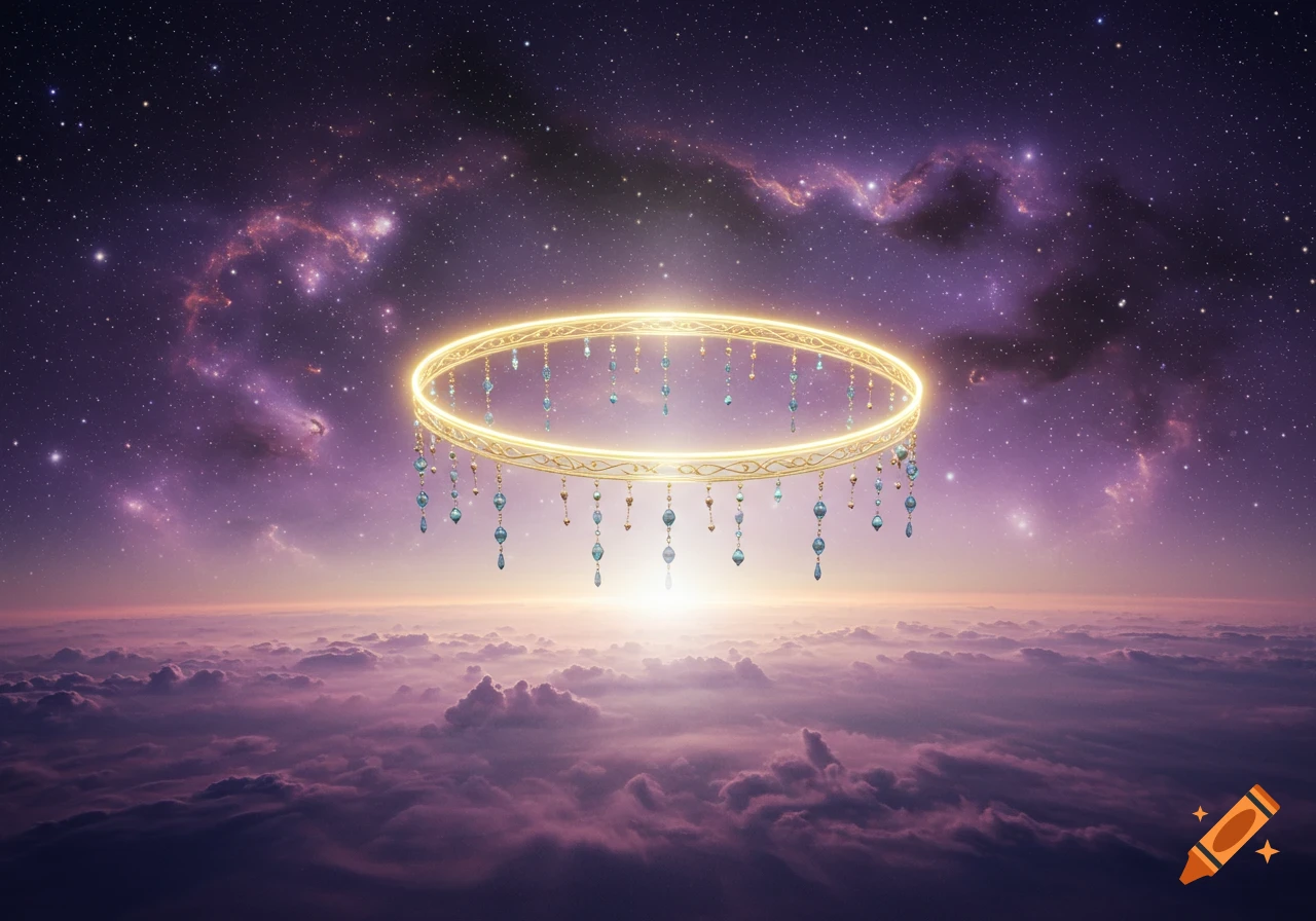 A glowing golden ring with dangling blue and gold gems floats above purple clouds under a starry purple galaxy sky.