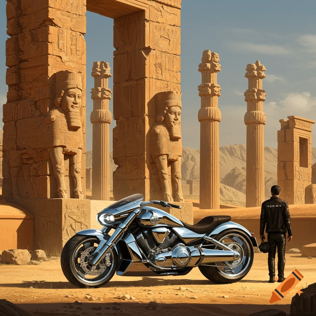 A gleaming chrome motorcycle and a biker stand before ancient Persepolis ruins in a desert landscape.