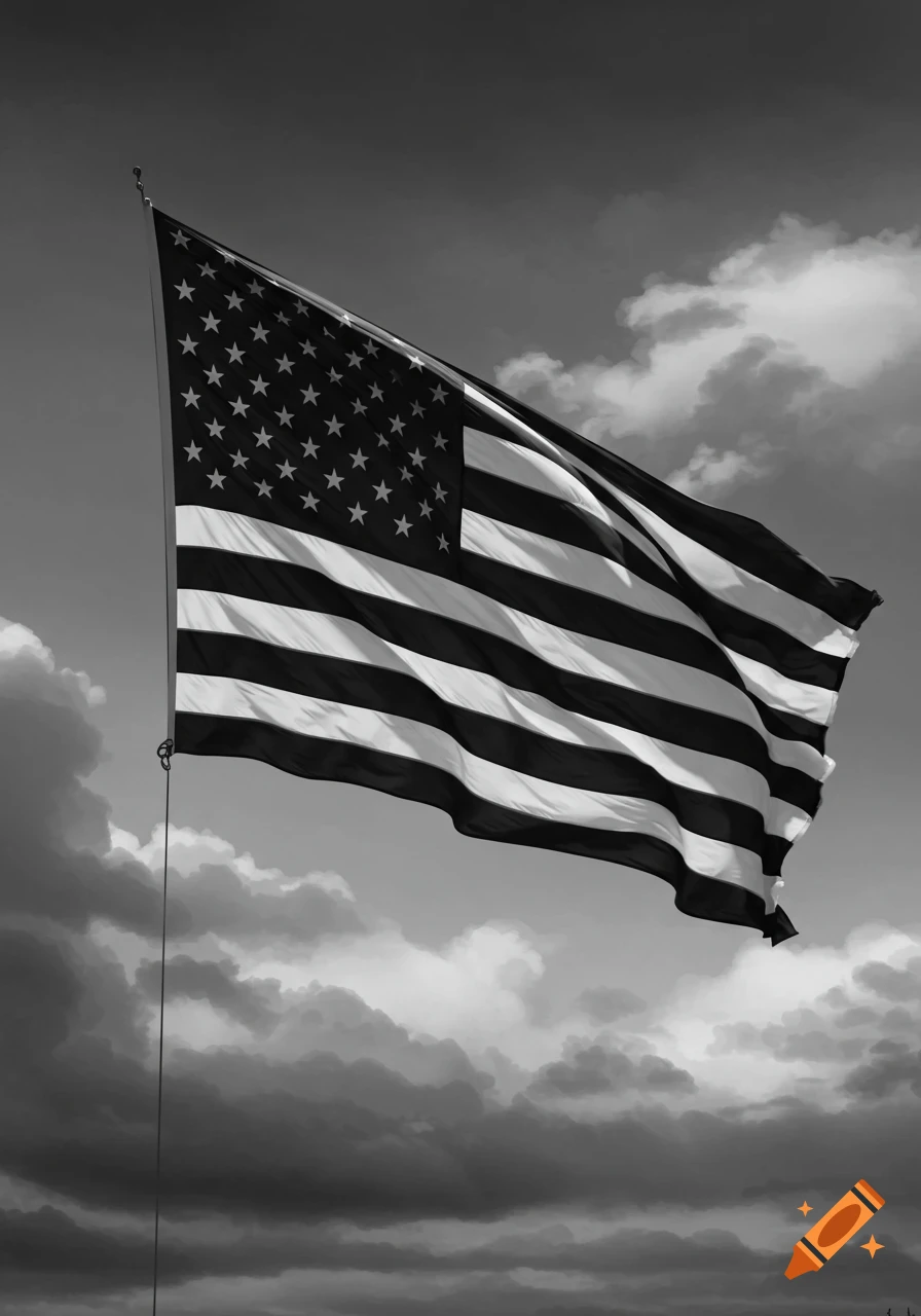 A black and white photograph of an American flag waving against a cloudy sky.