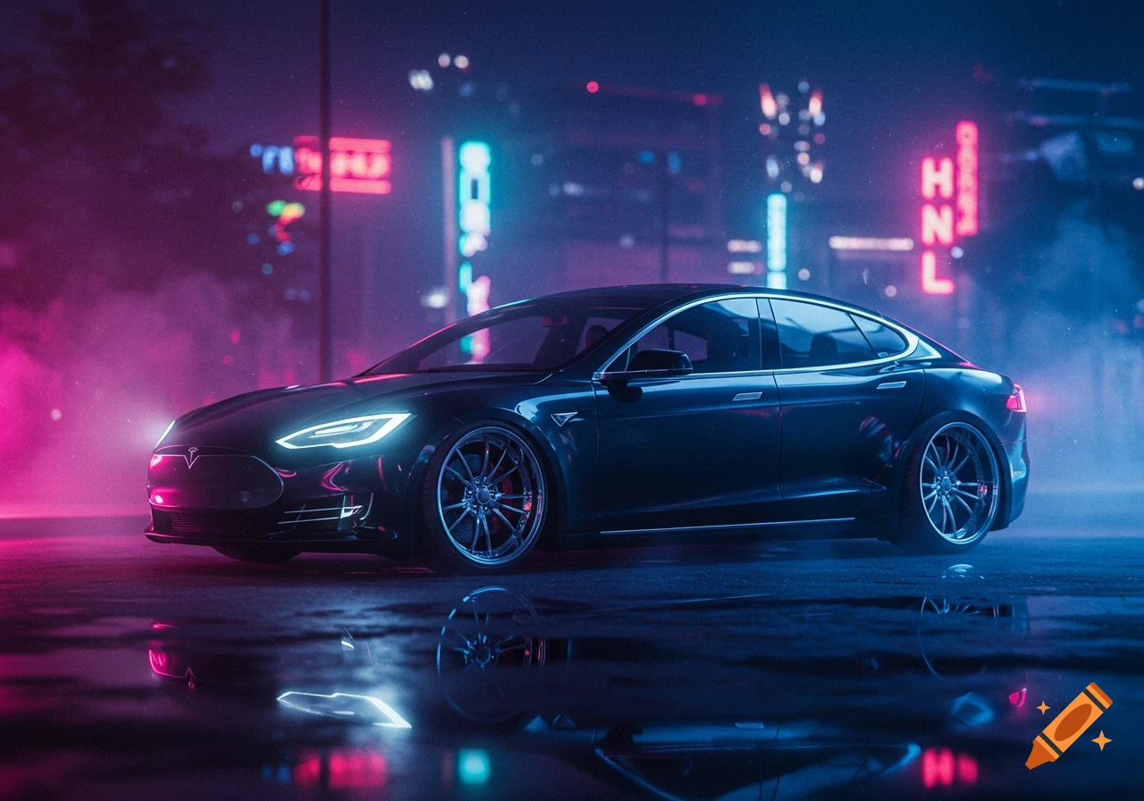 A dark Tesla Model S low rider on a wet street at night, illuminated by vibrant pink and blue neon lights of a futuristic city.