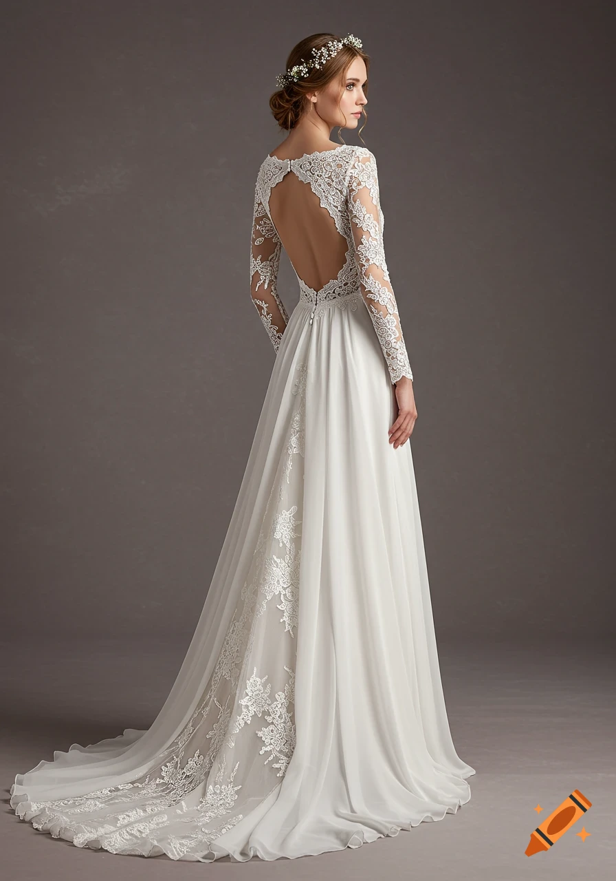 Elegant bride in a white wedding dress with an open lace back, long lace sleeves, and a flowing skirt, wearing a flower crown.