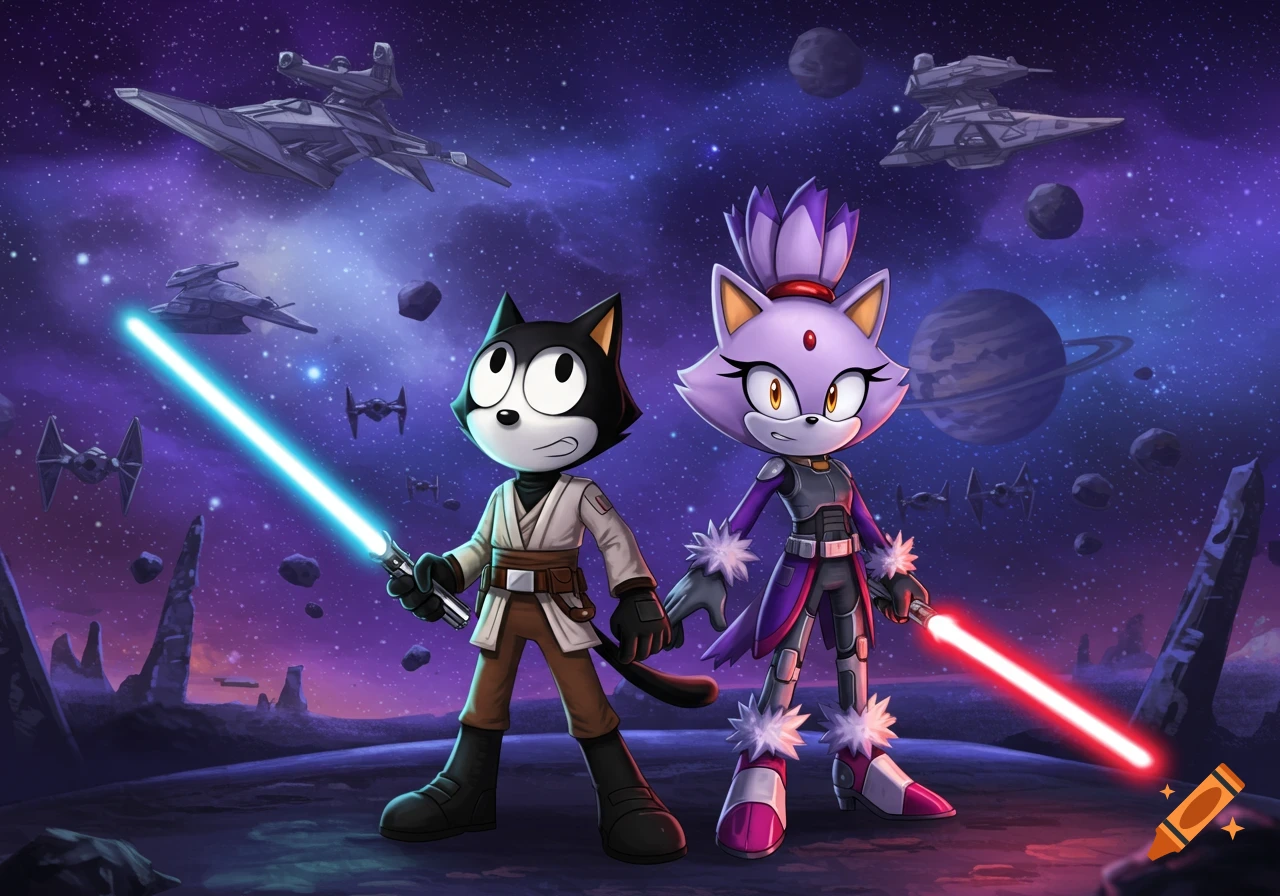 Cartoon Felix the Cat and Blaze the Cat as Jedi with lightsabers in a vibrant Star Wars space scene.