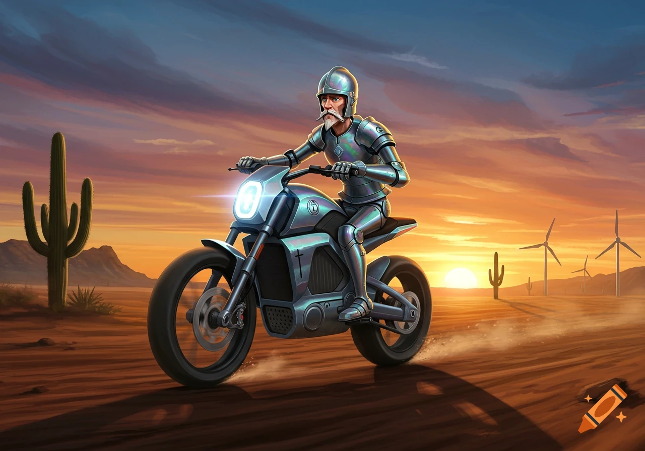 A knight in shining futuristic armor, resembling Don Quixote, rides a sleek motorcycle through a desert landscape at sunset, with cacti and wind turbines.