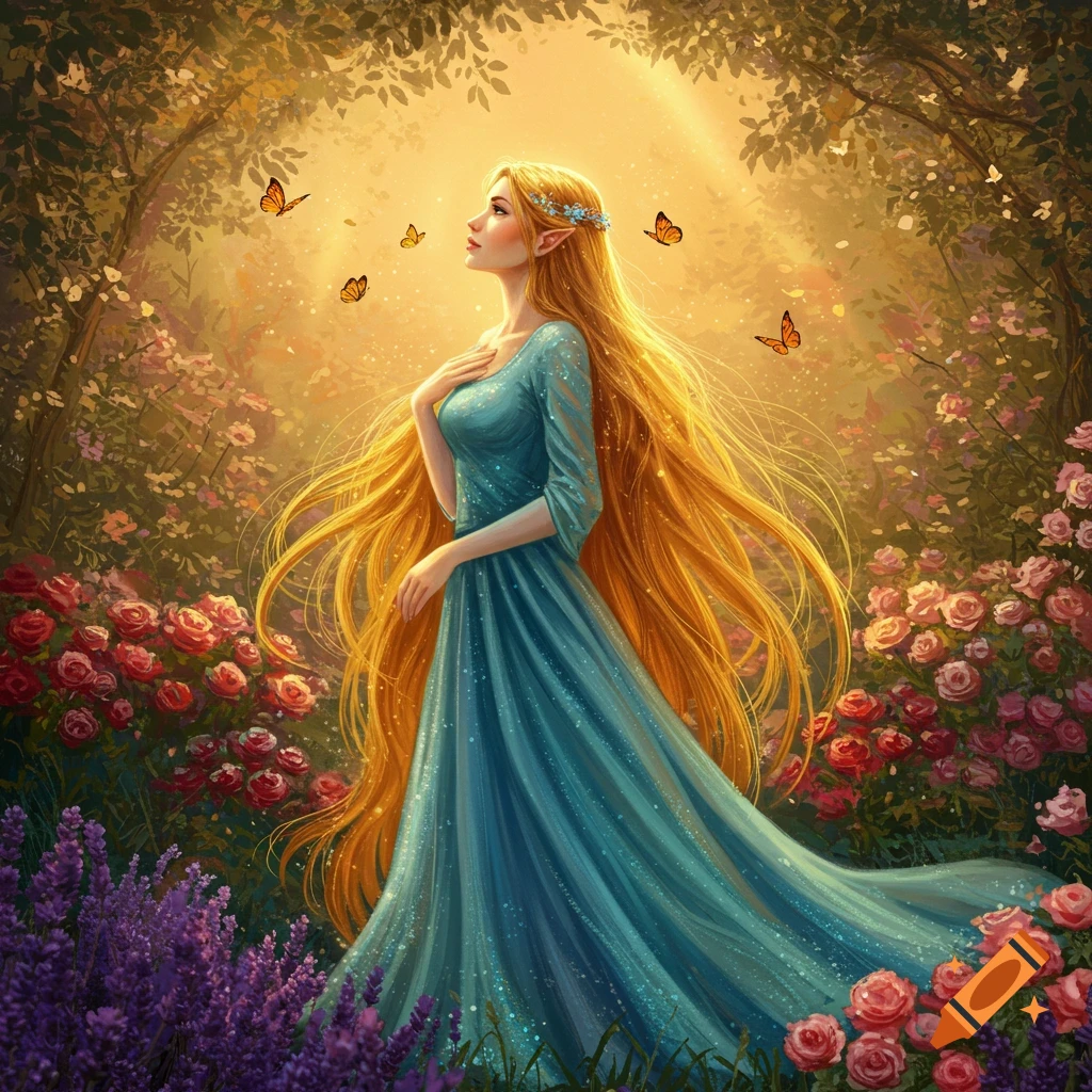 A beautiful woman with long golden hair and elf ears in a blue dress stands in a magical, sunlit forest with flowers and butterflies.