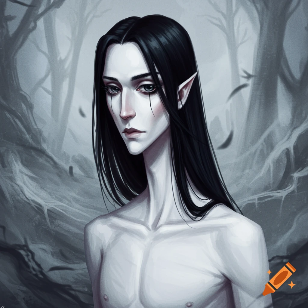 A stylized digital painting of a pale, long-haired male elf with pointed ears and a bare chest, standing in a misty, gray forest.