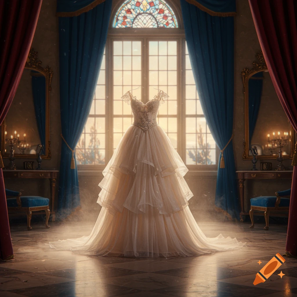 An elaborate white wedding gown stands in a grand, sunlit room with tall windows, blue drapes, and ornate furniture.