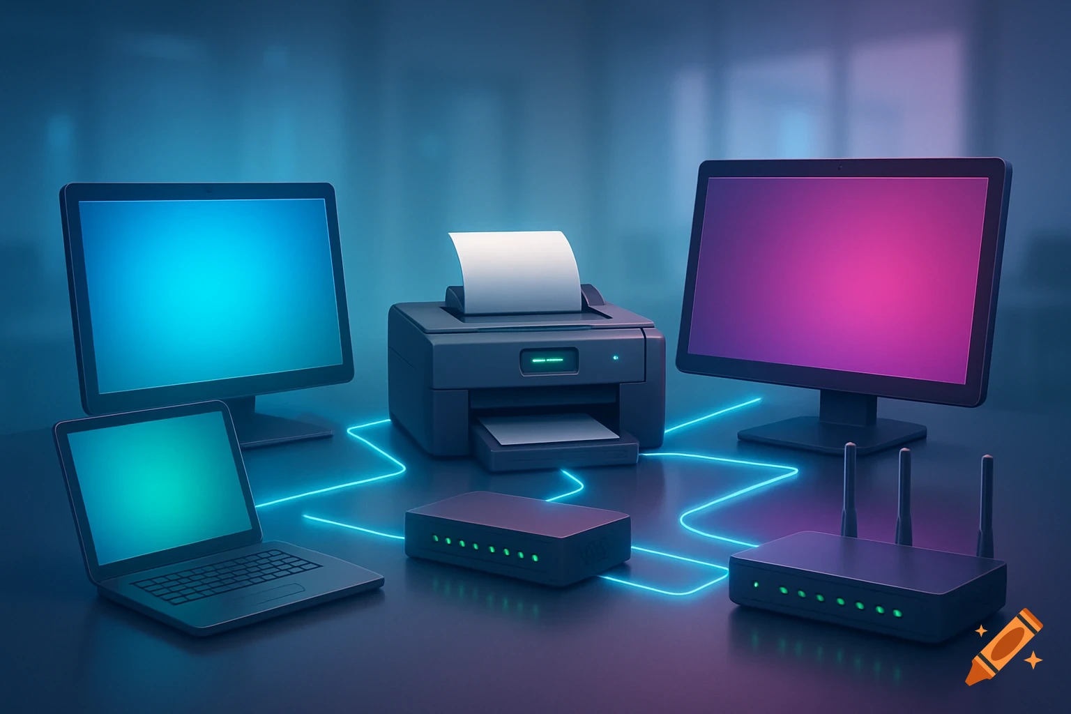 A 3D rendered image of computer networking equipment, including monitors, a laptop, printer, switch, and router, connected by glowing blue lines.