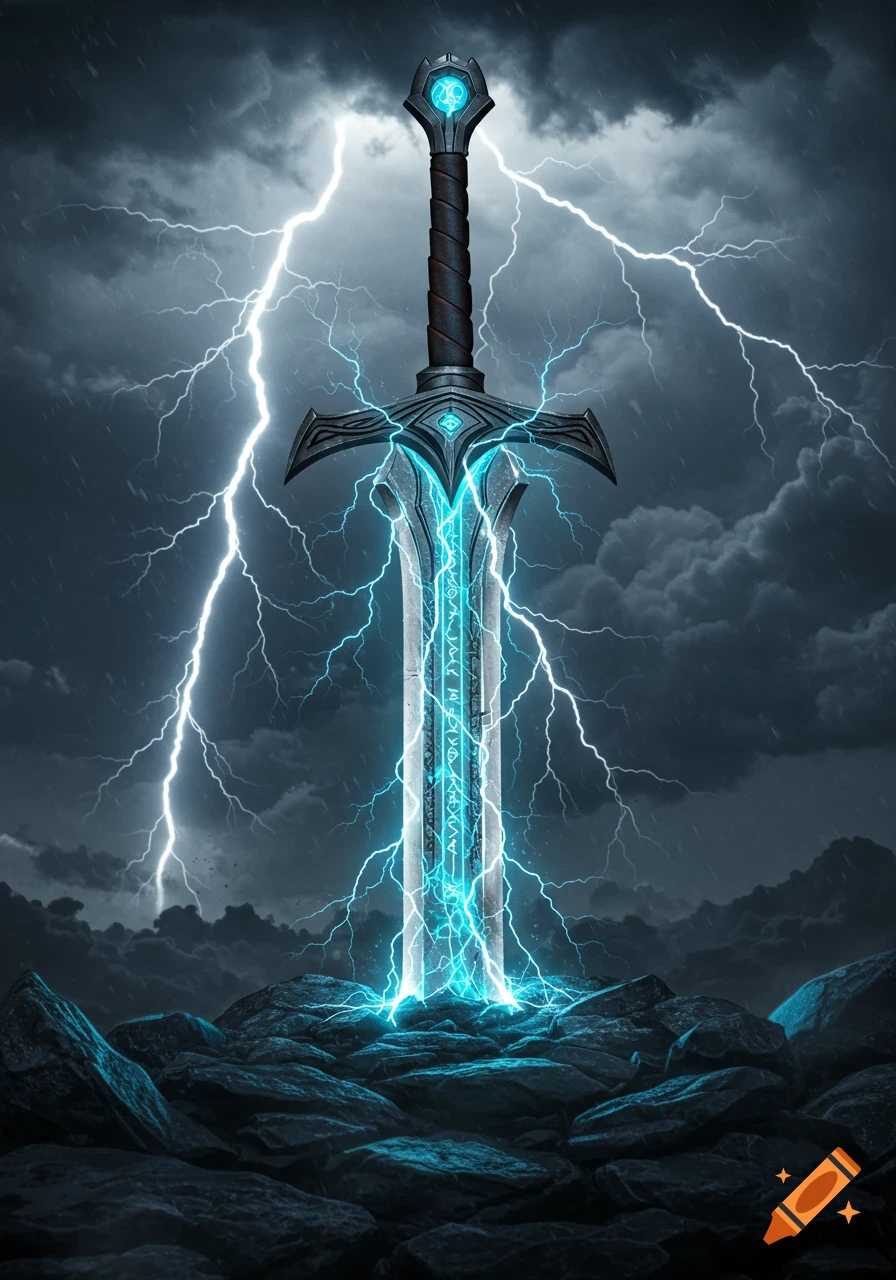 A magical longsword, glowing with blue energy and runes, stands upright in a rocky landscape under a stormy sky with lightning.