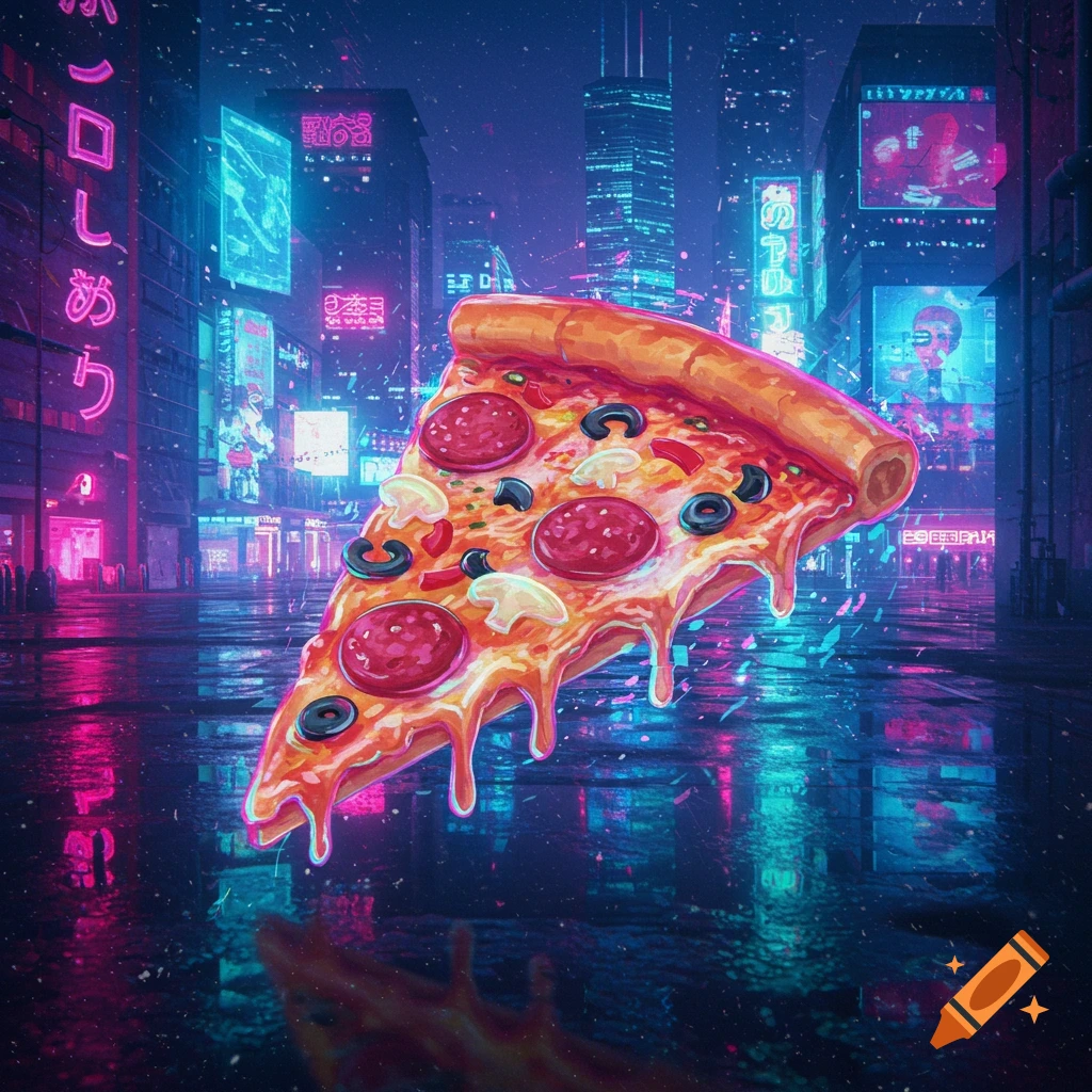 A vibrant digital illustration of a melting slice of pepperoni pizza floating in a neon-lit cyberpunk city street at night.