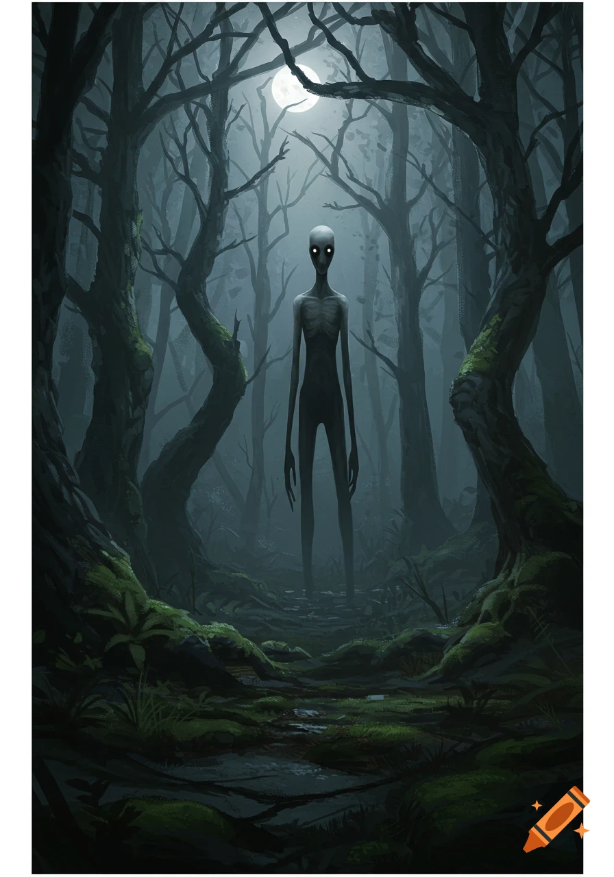 A tall, pale, gaunt creature with glowing eyes stands eerily in a dark, gnarled forest under a full moon.