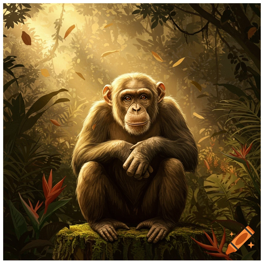 A chimpanzee sits on a mossy tree stump in a lush, sun-dappled jungle, surrounded by foliage and falling leaves. Illustrated.