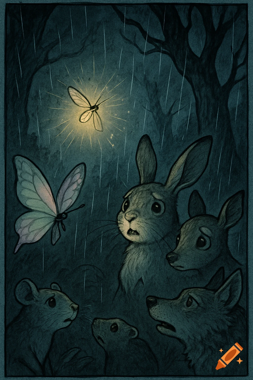 Illustrated woodland animals, including a rabbit, deer, mouse, beaver, and wolf, gaze at a glowing firefly in a dark, rainy forest.