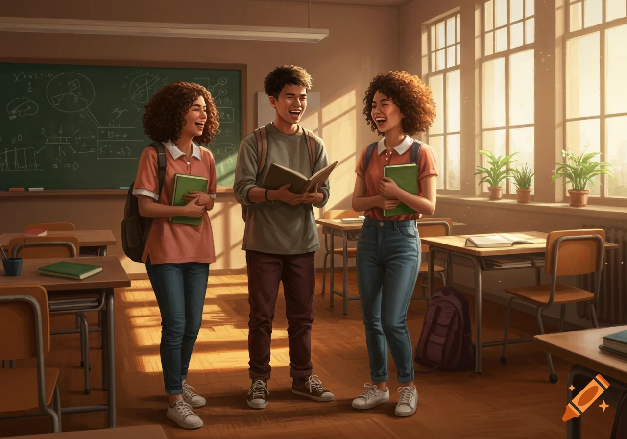 Three laughing students with books stand in an illustrated classroom with a blackboard and sunlit windows.