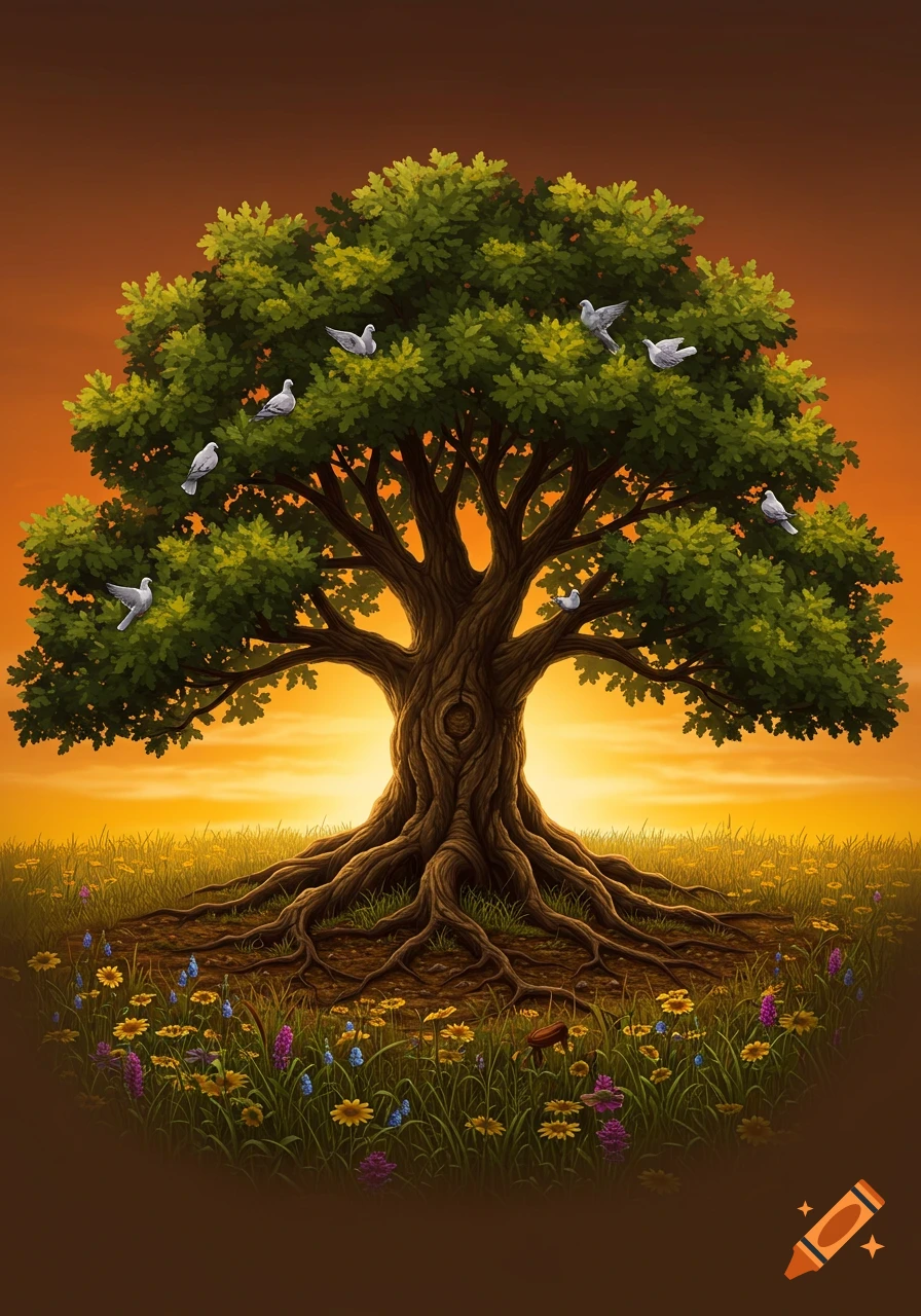 A large, old tree with prominent roots stands in a field of colorful wildflowers under an orange and yellow sunset sky, with several white doves perched on its branches.
