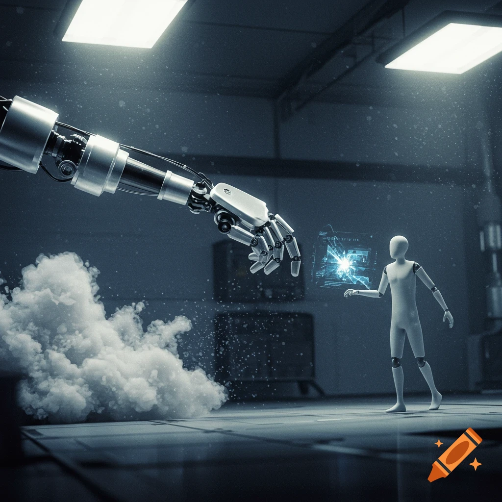 A large robotic arm extends towards a small, white, humanoid figure holding a glowing blue holographic display in a dark, futuristic setting with smoke.