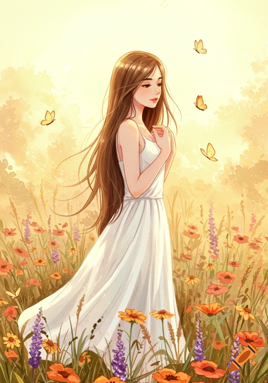 An illustration of a young woman in a white dress standing in a sunlit field of wildflowers with butterflies.