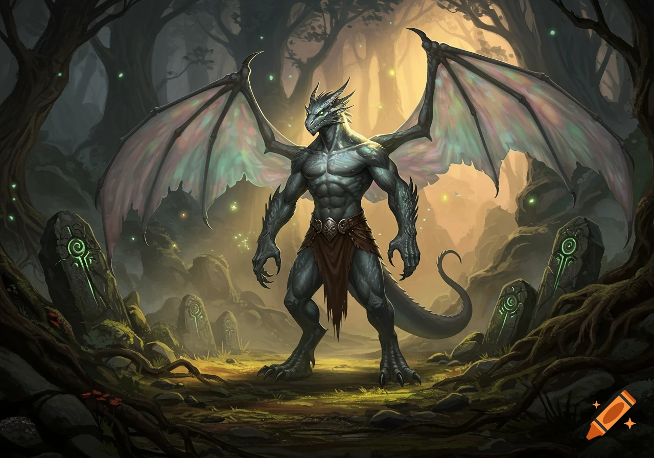 A muscular, grey-skinned, winged dragon-like creature stands in a mystical forest with glowing runestones.